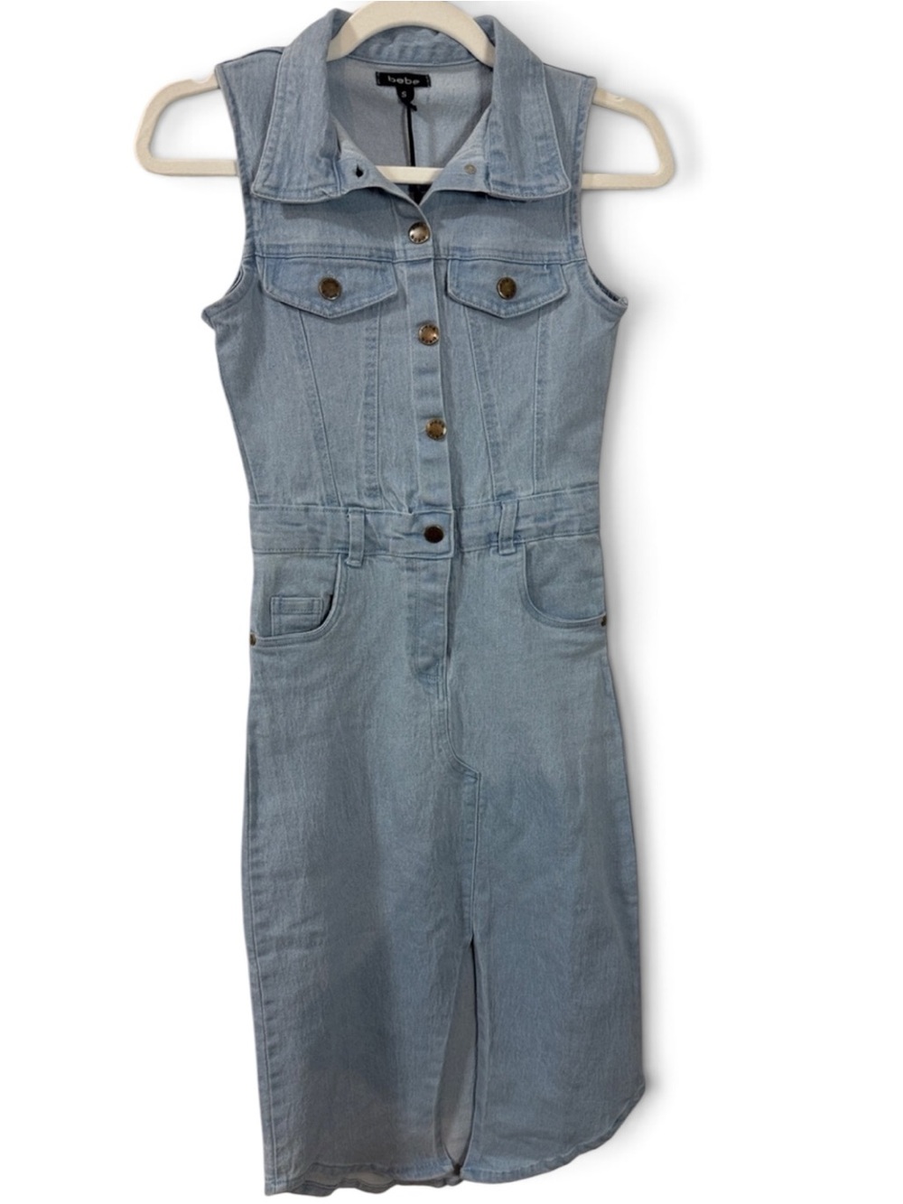 bebe Sleeveless Light Denim Midi Shirt Dress w/ Front Slit & Botton Down -Size S - Picture 1 of 12